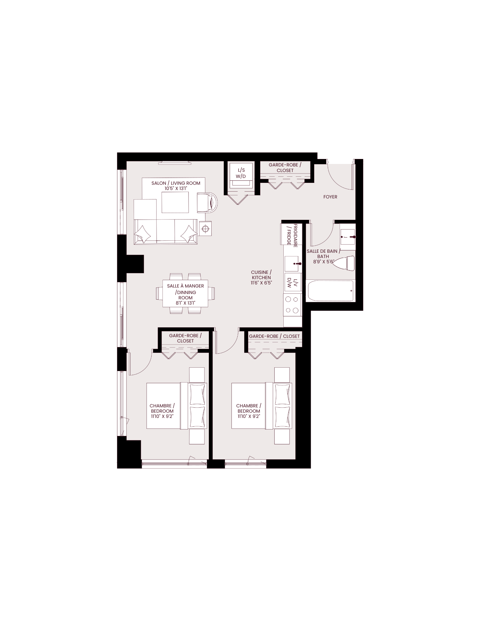 Floor plan for 2 beds, 1 bath, 809 sqft